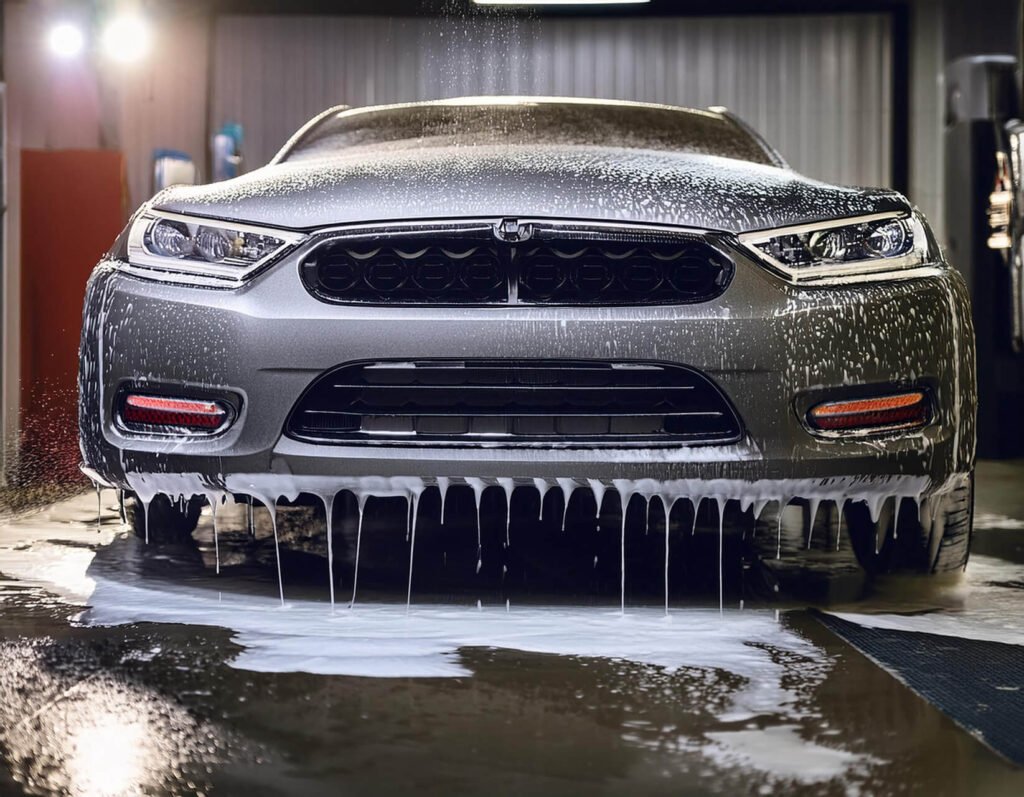 automatic-car-wash-water-soap-suds Vehicle receiving a touchless automatic car wash at Freddie's Car Wash