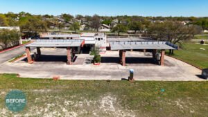 Drone overview of Freddie’s Carwash property before construction and exterior improvements.