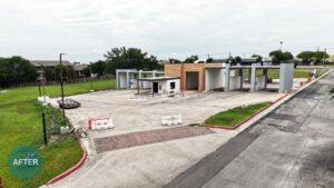 Aerial view of Freddie’s Carwash after exterior renovations and site improvements in Wells Branch.
