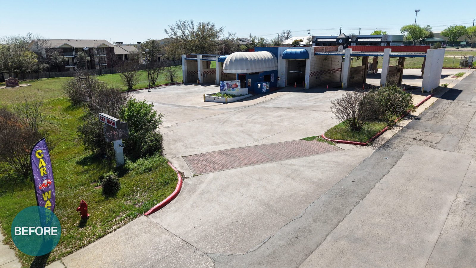 Aerial view of Freddie’s Carwash property in Wells Branch before renovation work began.